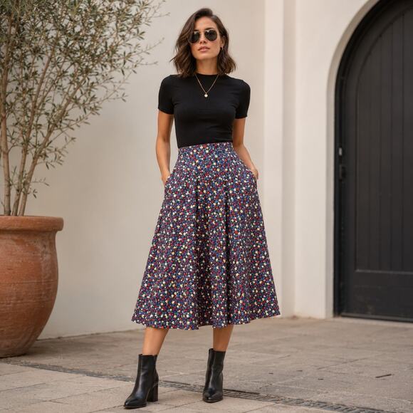Tulip B Dresses & Skirts - Tulip B Navy Floral Cotton Midi Swing Skirt Size S NWT Pockets Lined
